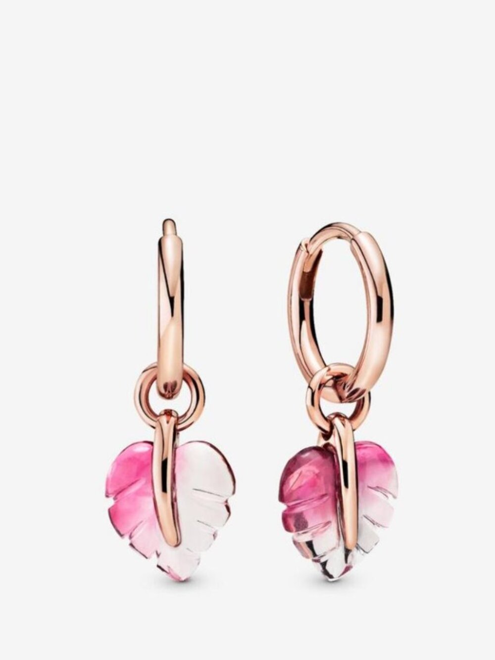 Pandora Pink Murano Glass Leaf Hoop Earrings 14K Rose Gold